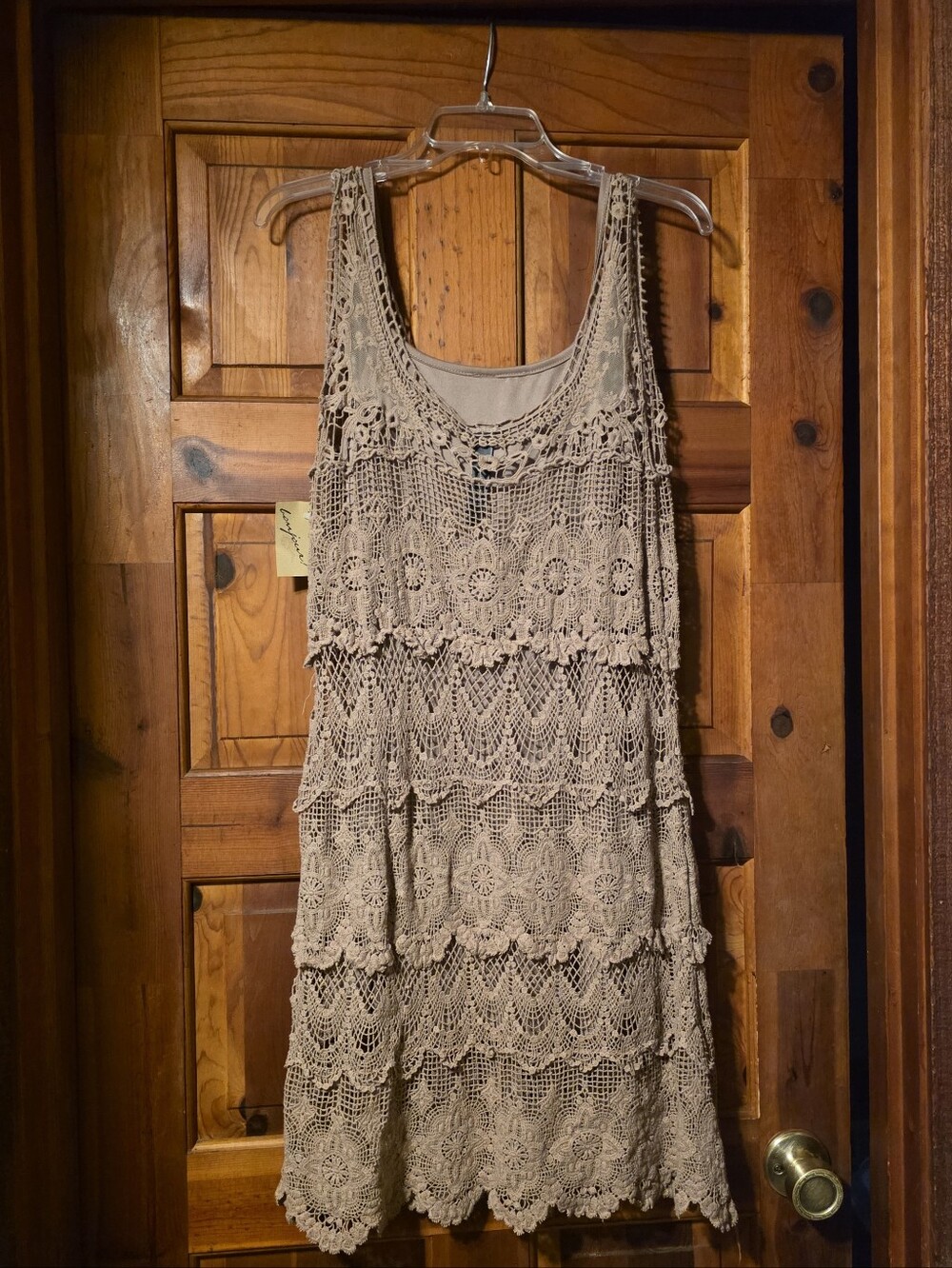 NWT, Crochet Lace Tiered Tank Dress in Tan Sz LG